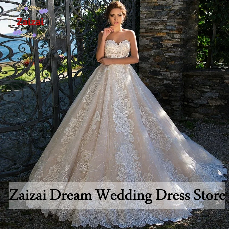 

Роскошное свадебное платье трапециевидной формы без бретелек на шнуровке по индивидуальному заказу, великолепные аппликации, со шлейфом и открытыми плечами, свадебное платье принцессы