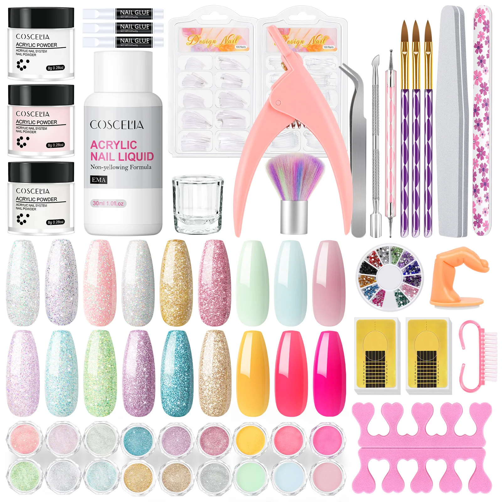 COSCELIA Acryl nagelkit voor beginners Acrylset met boor en U V Light Glitter Decoratie Poeder Nageltips voor verlenging