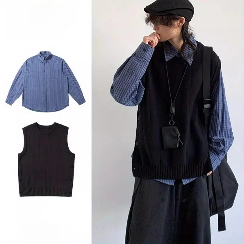 

Bla Knitted Vest Two-Piece Set for Men And Women College Sle Side Split Autumn Faion Japanese Retro Ensemble Coolmax Fiber