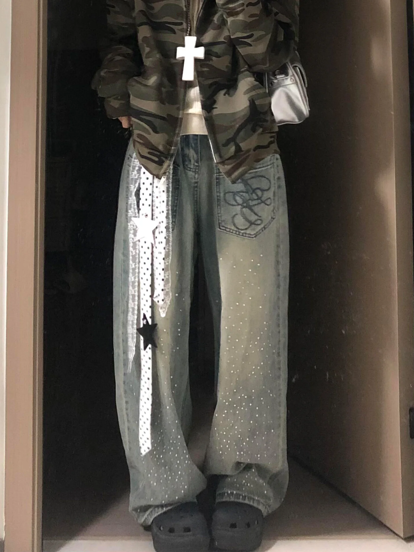 Cintura alta bordado diamante fla Thiened perna reta jeans feminino outono inverno novo sle americano sle zíper closu...