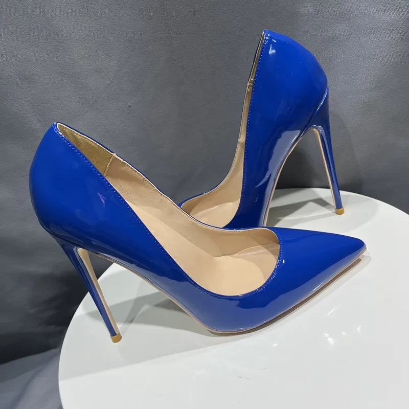 Heelgoo-Escarpins à talons hauts pointus pour femmes, chaussures provoqué à enfiler, bleu verni, sexy, designer de fête, basique