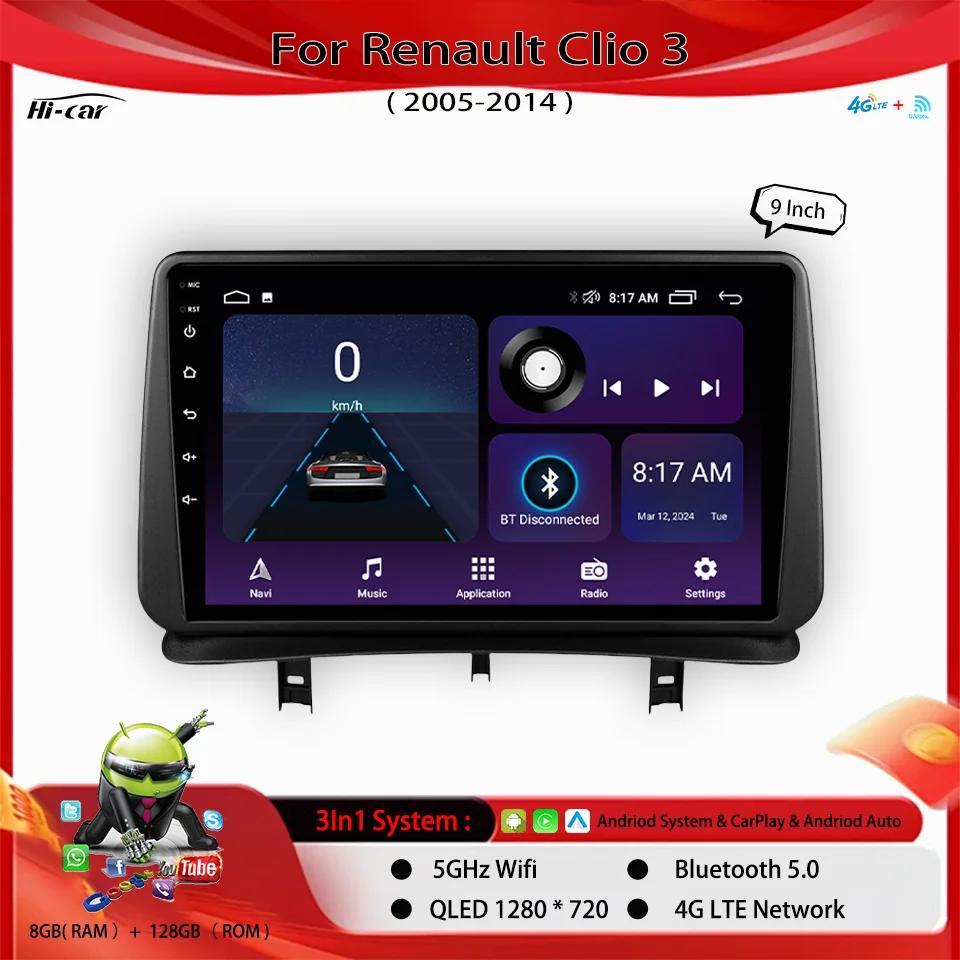 9 Inch Car Radio For Renault Clio 3 2005-2014  5G WIFI + 4G Lte Android14 & Carplay & Android auto GPS DSP multimídia Player