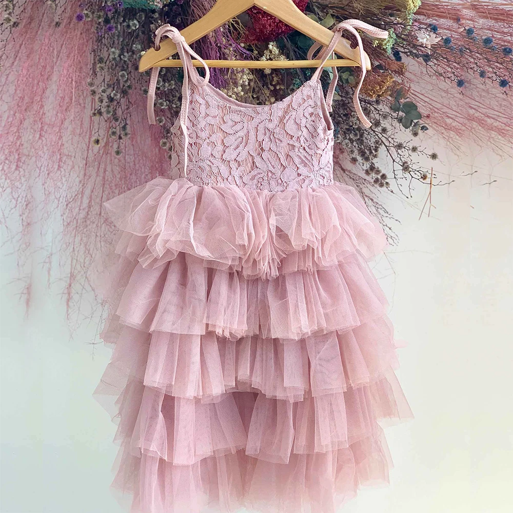 New Summer Dress for Girls Kid Sling Beach Layer Tulle Dress Princess Birthday Party Gown 3-10Y Children Clothes Elegant Dresses