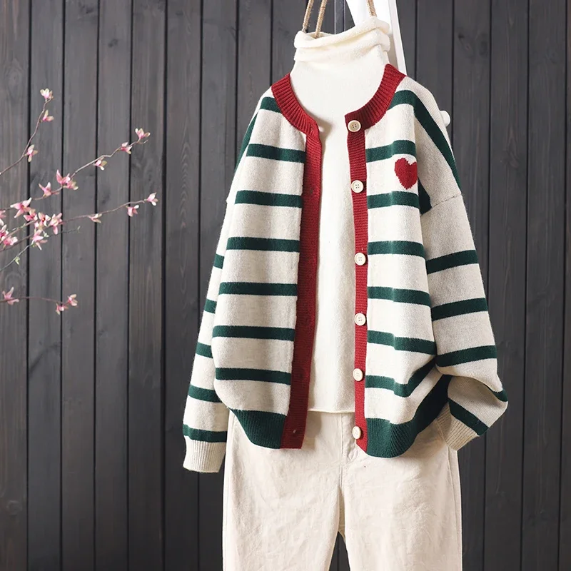 Autumn And Winter New Stripes Color Matching Button Round Neck Knitted Cardigan Women Long-sleeved Sweater All-match