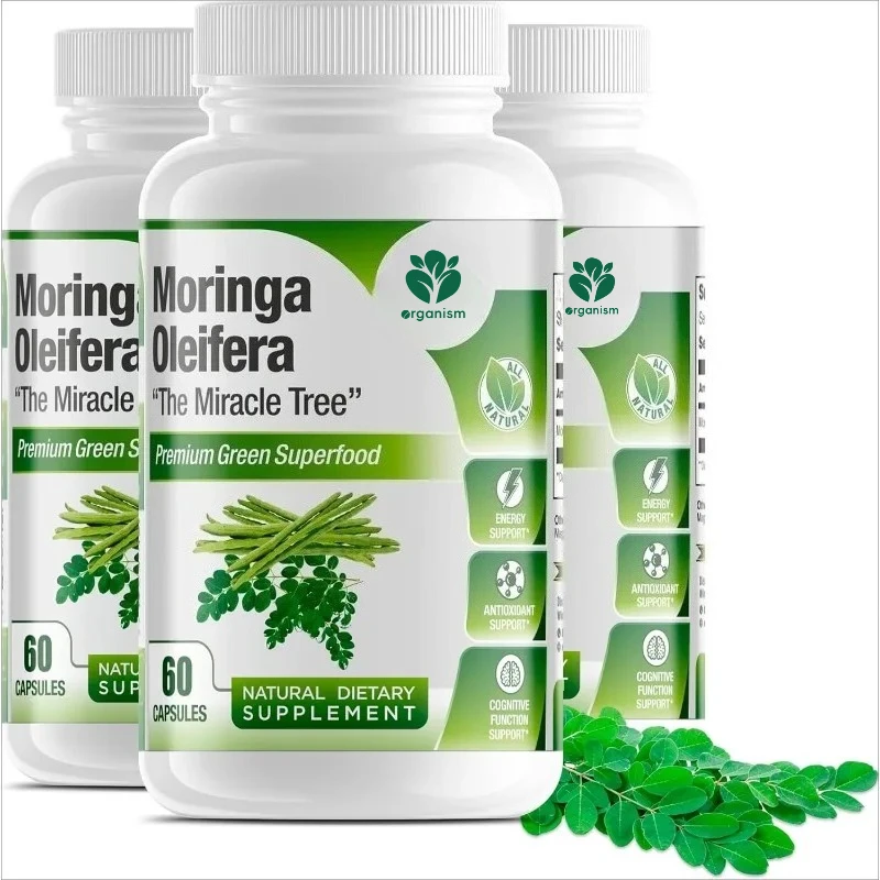 Pure Moringa Leaf Extract Vegetable Capsules 1000mg. Natural herbal supplements. Energy support