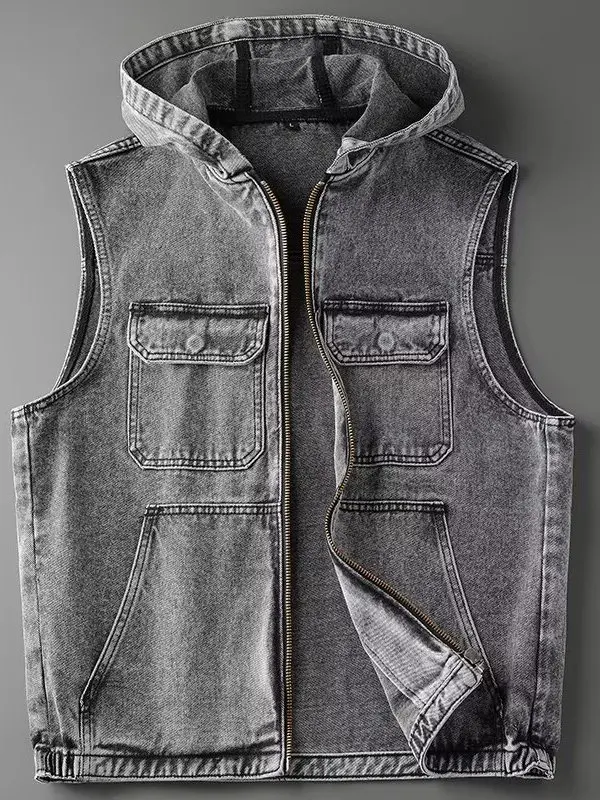 

American Sle Men's Denim Vest Hooded Jaet Loose Fit Zipper Closure ey Retro Biker Cool Bal Autumn Outerwear