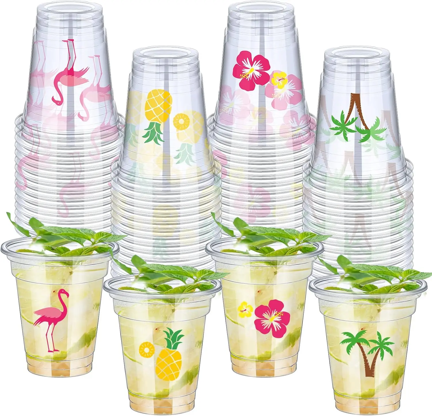 

100 Pack 12 oz Clear Disposable Luau Cups Hawaiian Flamingo Disposable Plastic Pineapple Tropical Cups for Party Luau an