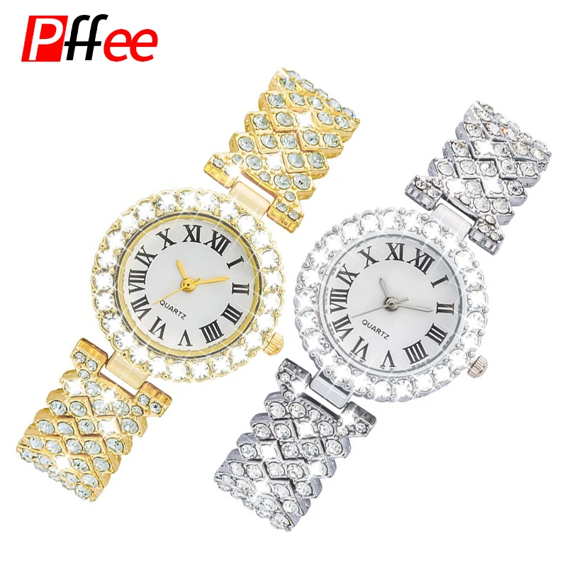 Pffee Silver Rose Gold Watches For Women Luxury Iced Out Quartz Wrist Watch Ladies Fashion saat kadın kol saati Gifts