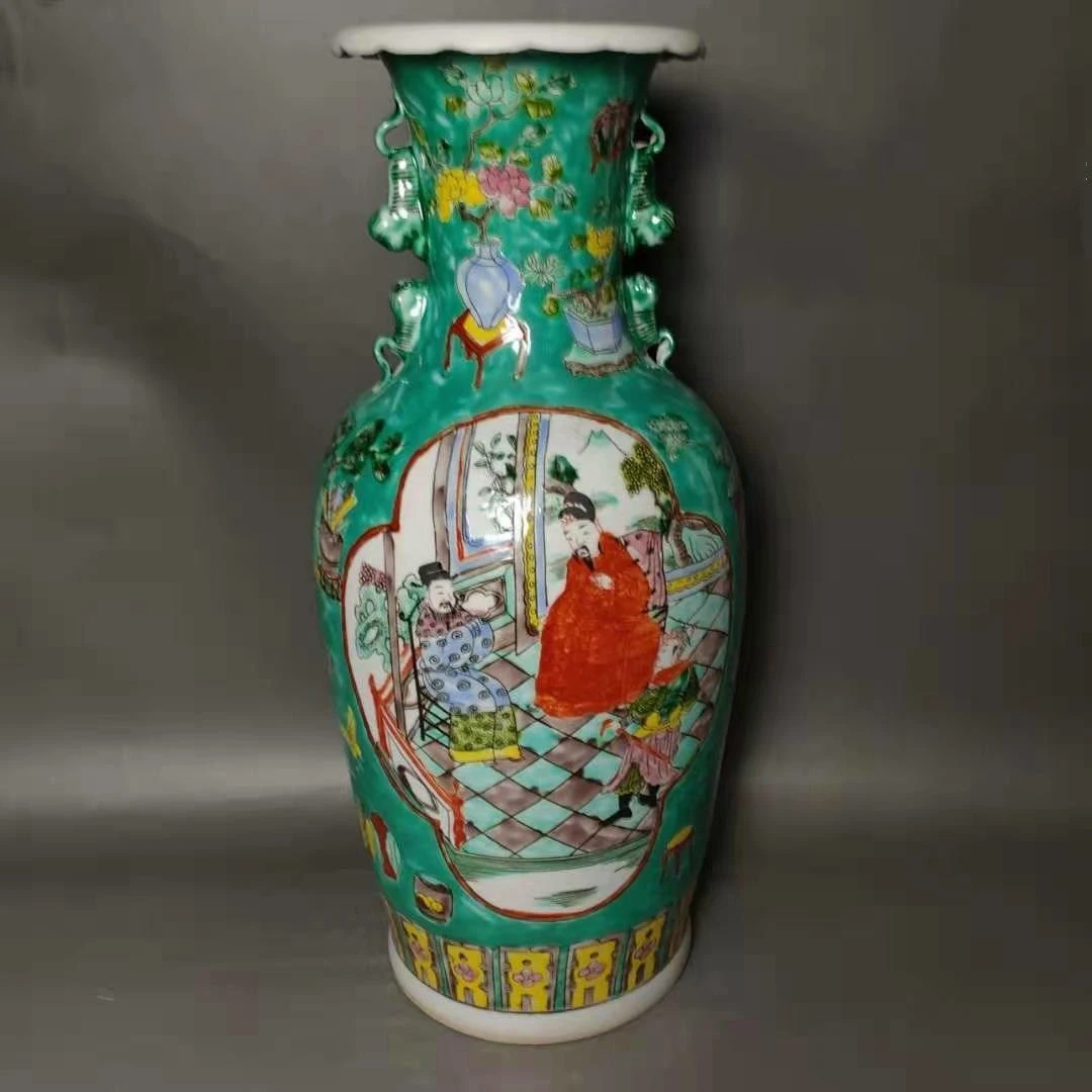 Qing Kangxi-jarrón verde verde azulado, figura Pastel, colección de jarrón de historia, jarrón chino Vintage decorativo, porcelana antigua Oriental