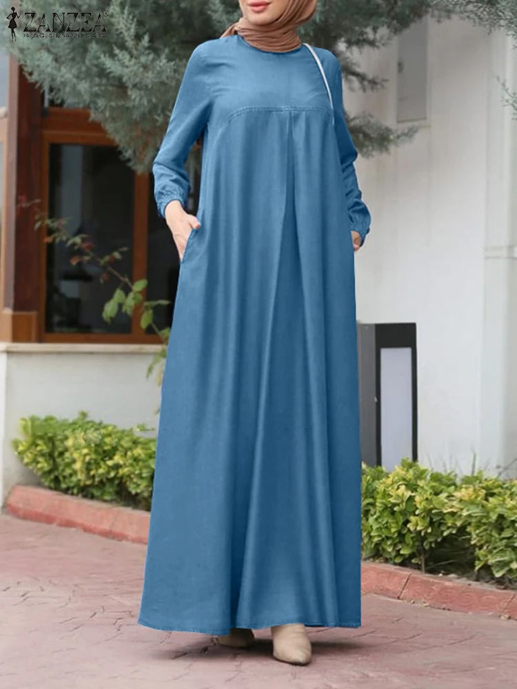 

2025 ZANZEA Casual Long Sleeve Loose Muslim Abaya Dress Spring Pleated Sundress Islamic Robe Women Vintage Denim Blue Vestidos