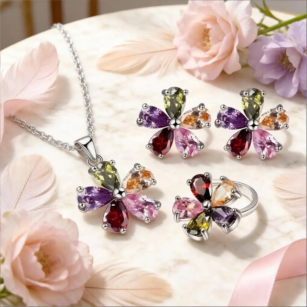 S925 Sterling Silver Austrian Colourful Crystal Zircon Pendant Necklace Hoop Earrings Ring Set for Women Party Jewelry Gifts