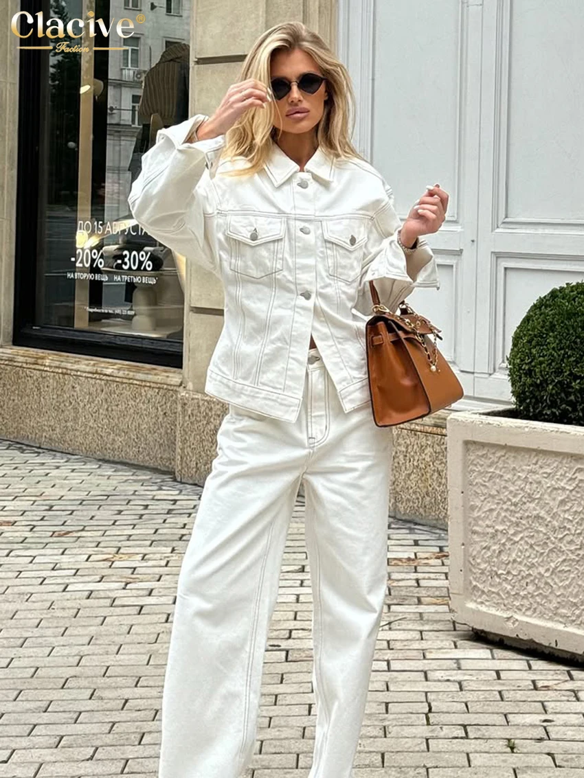 Clacive Fashion Loose White Woman 2 Piece Set Outfit 2026 Elegant Long Sleeve Shirt With High Waist Wide Pants Set Streetwear