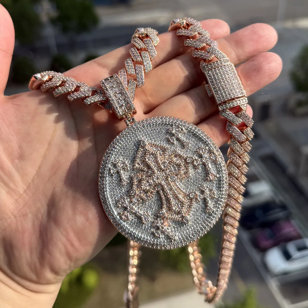 New Iced Out Cross Pendant Necklace Two Tone Color Bling Zircon CZ Heavy Chunky Round Badge Charm Men Fashion Hip Hop Jewelry