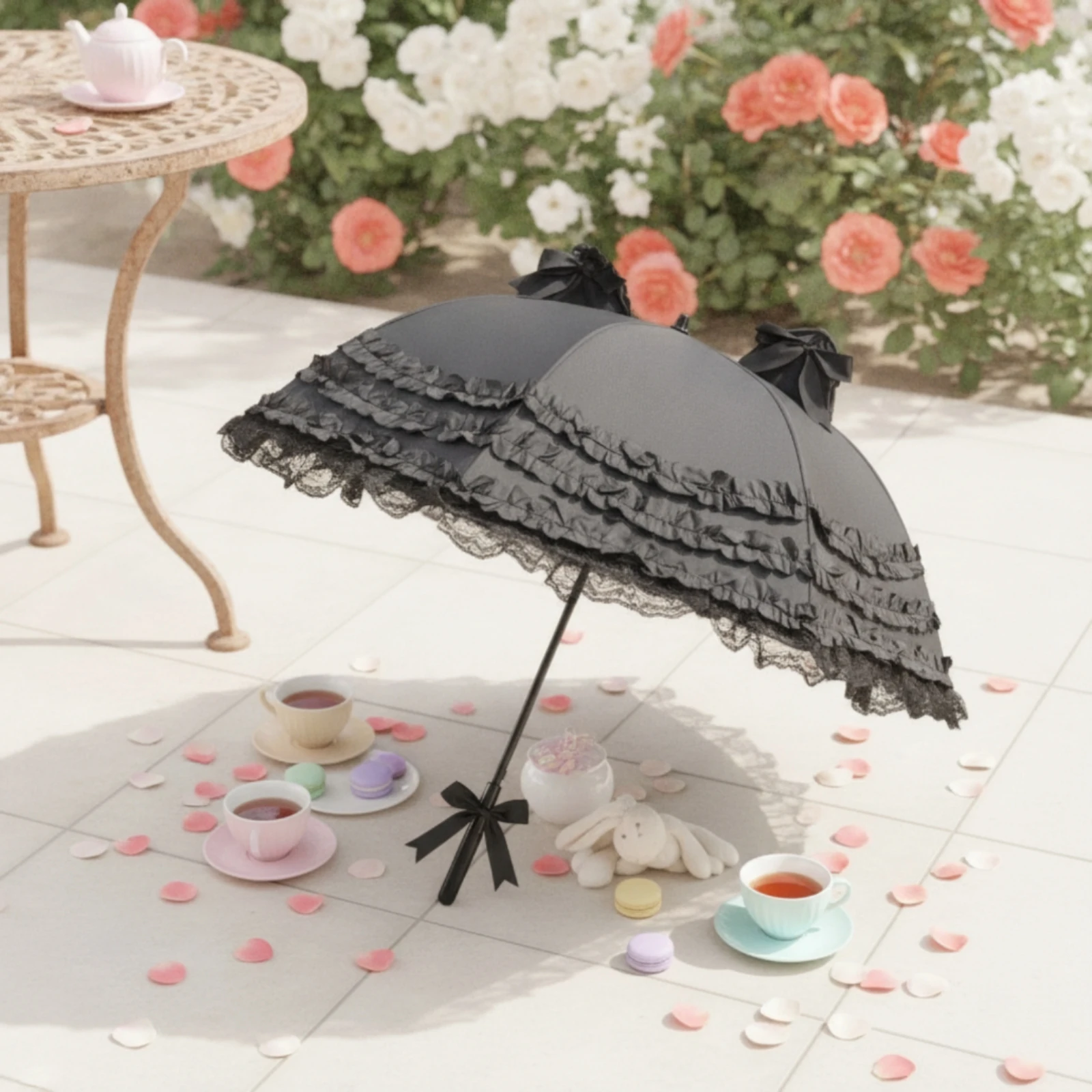 Lolita Umbrella Decorative Umbrella with Lace Ruffles Gothic Sunshade Classic Vintage-Style for Cosplayers, Cosplay view 5
