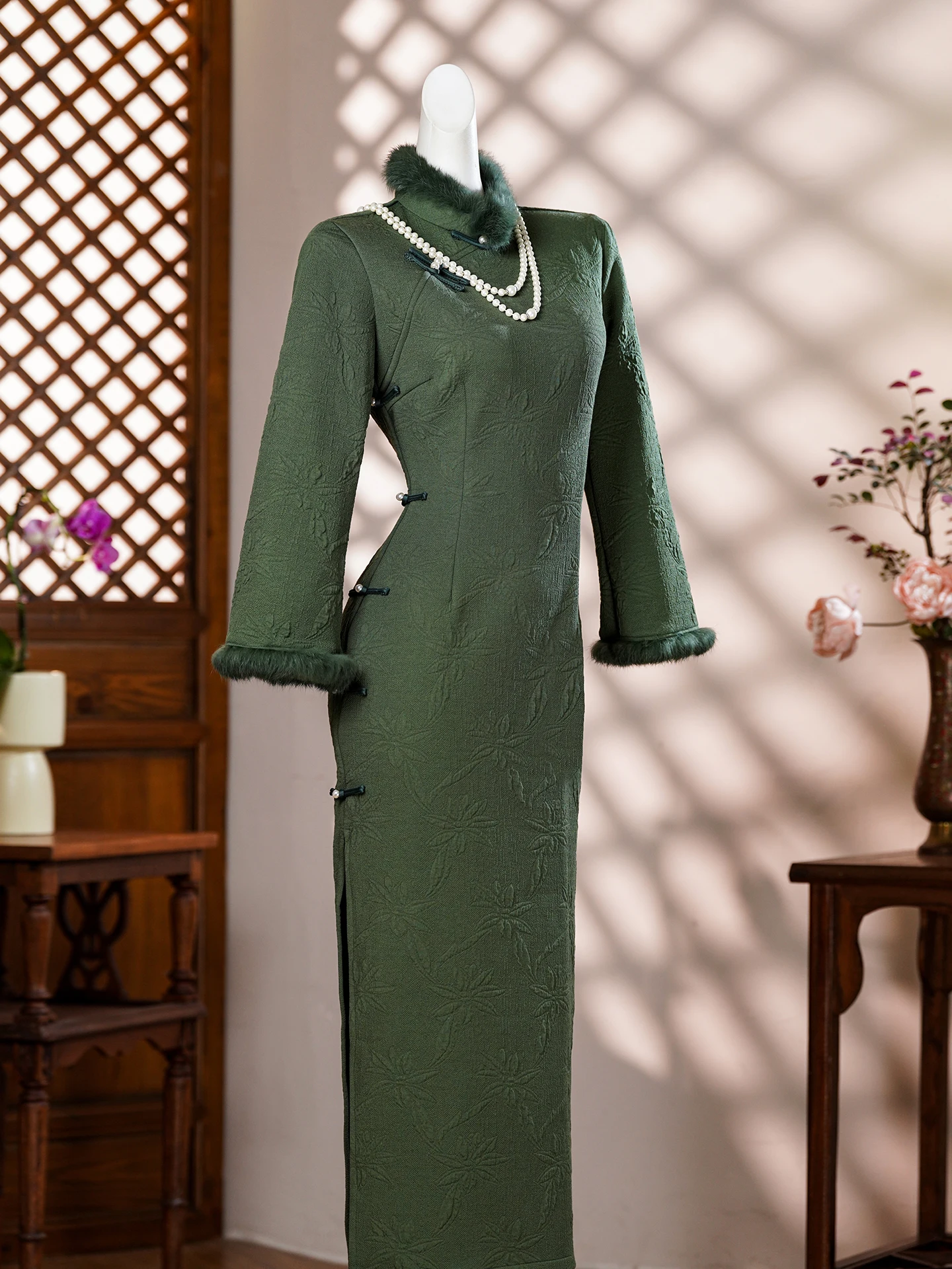 

Элегантное длинное платье-ципао с цветочным принтом, облегающее, осенне-зимнее, с низким разрезом, для повседневной носки, комфортное, больших размеров, скрывающее живот