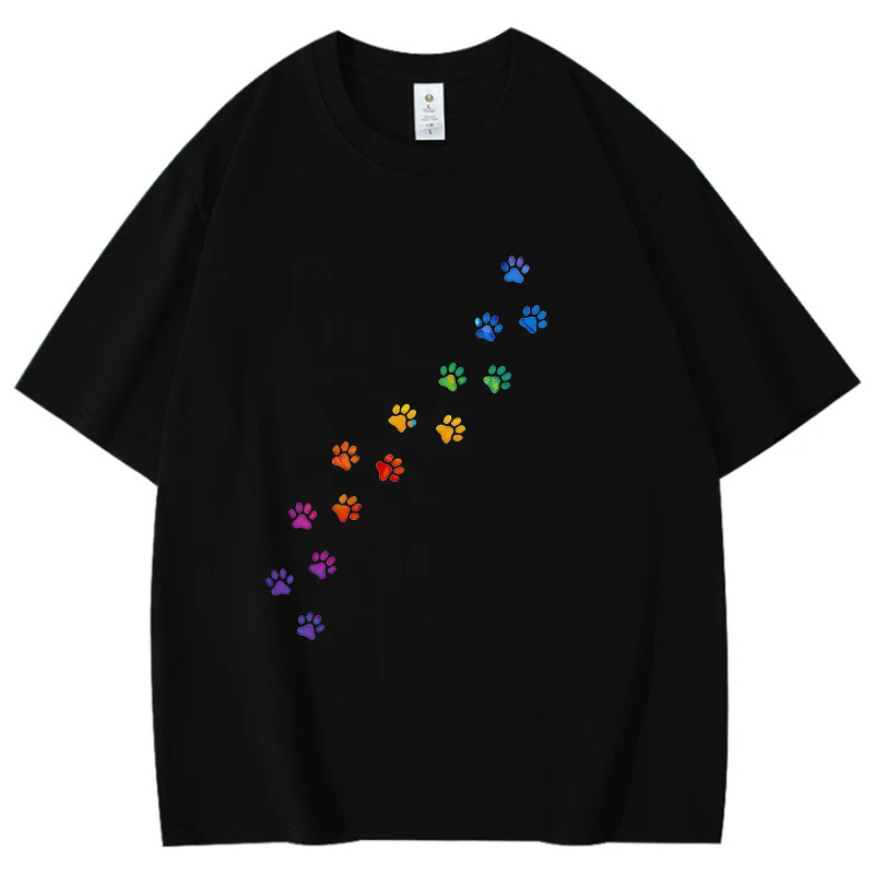 Colorful Puppy Footprints Printed Cotton T-shirts for Women Man Summer Tee Shirt Femme Casual Short Sleeve Round Neck Tops Shirt