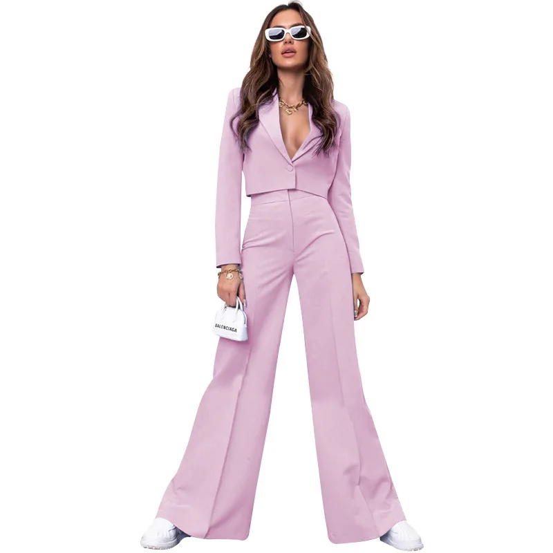 Women\'s Pant Suits European and American Trend Solid Color Short Long Sleeve Small Suit Fashion High Waist Wide Leg Pants Suit