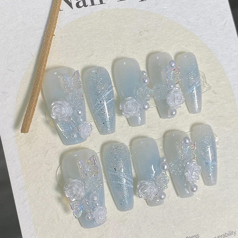 

10Pcs Handmade Coffin False Nails with 3D Flower Butterfly Fake Nail Full Cover Blue Gradient Detachable Press on Nails Tips Art