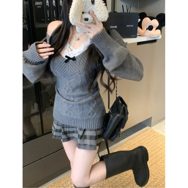 Retro Soft Long Sve V-Ne Knot Sweater Women's Winter New Waist-Cinching Slimming Versatile Knitted Top