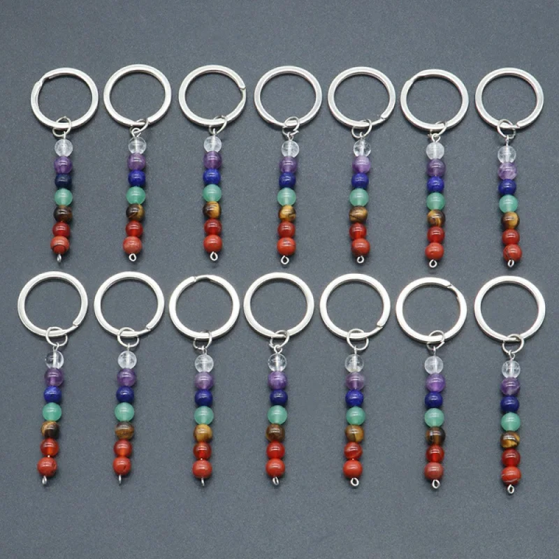 Retro Colorful Crystal Stone Beaded Keychain for Lovers Seven Chakra Natural Amethyst Bag Pendant Diy Accessories Bulk Wholesale