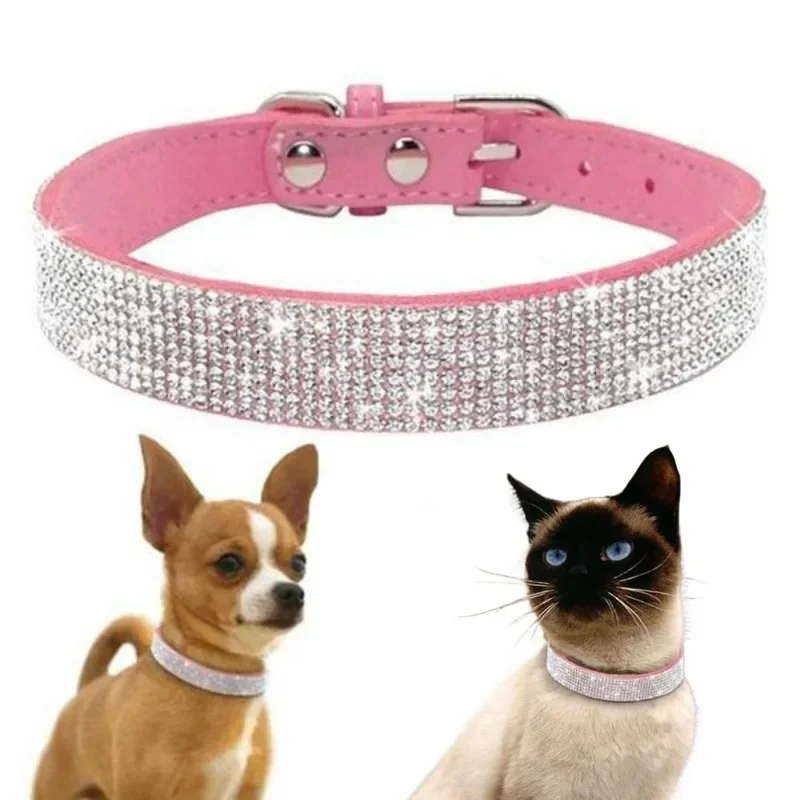 Soft Adjustable PU Leather Puppy Dog Collar Rhinestone Cat Pet Pink Collar Suit Pet Supplies Accessories