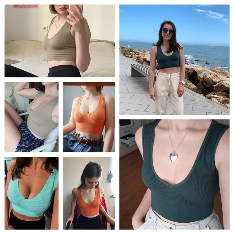 Women Crop Top Sports Bras Sexy Tank Top Female Seamless Underwear V-Neck Camisole Sexy Lingerie Solid Color Vest Top M-XL