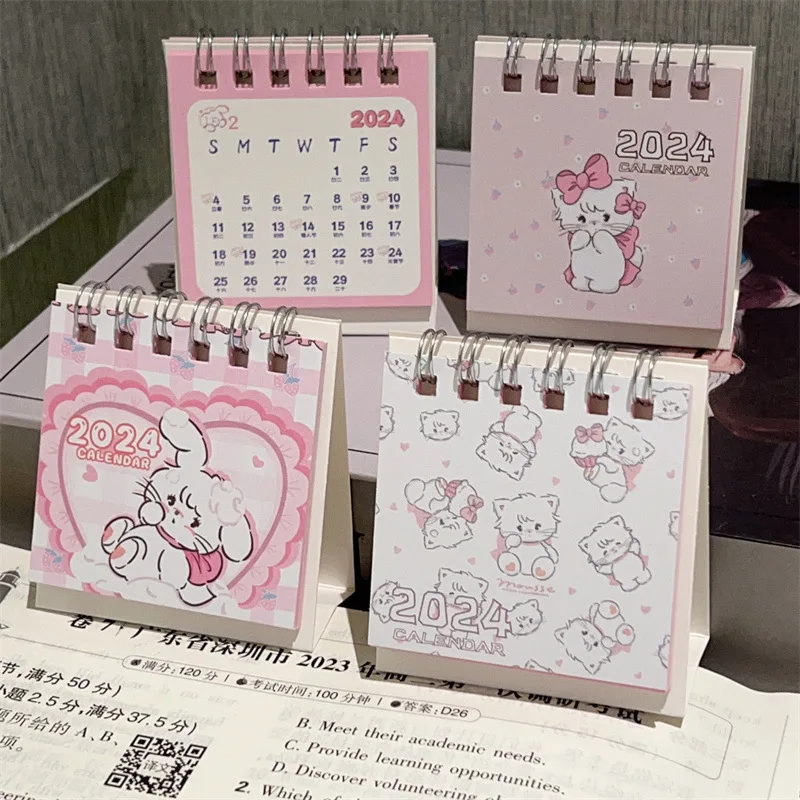 2024 Cartoon Pink Cat Desk Calendar Mini Cute Standing Flip Desktop Calendar Small Daily Planning Monthly Calendar For Home