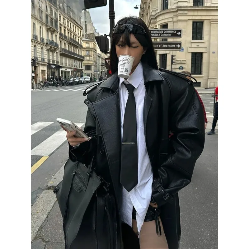 Manteau trench en cuir PU noir extra long pour femme, avec fente haute au dos, chic et luxueux, mode européenne, printemps-automne