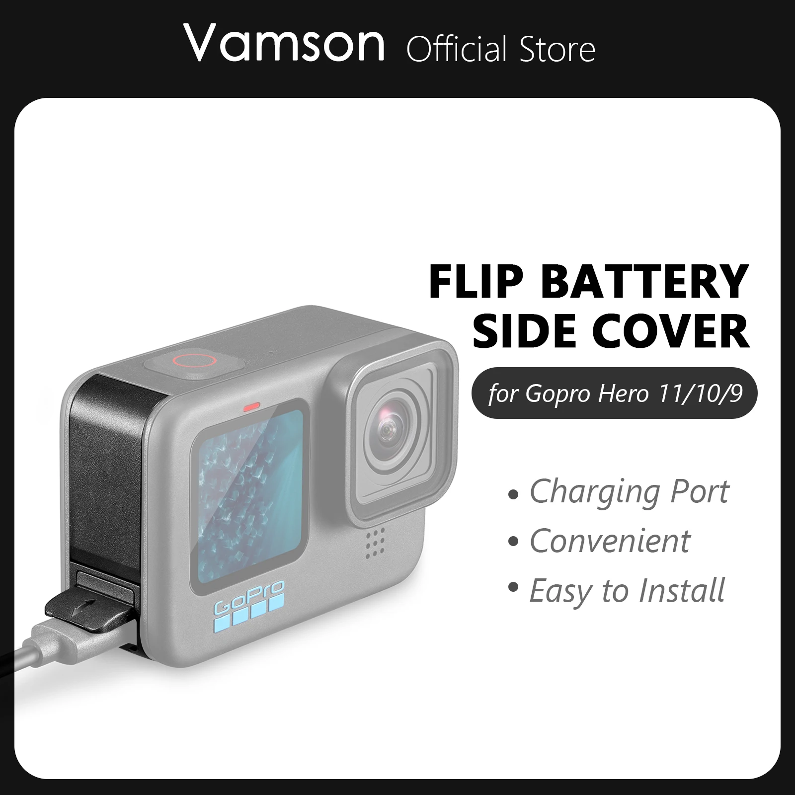 Vamson Side Case for GoPro 11 10 9 Accessories Removable Flip Battery Door Cover for Go Pro Hero 11  Action Camera