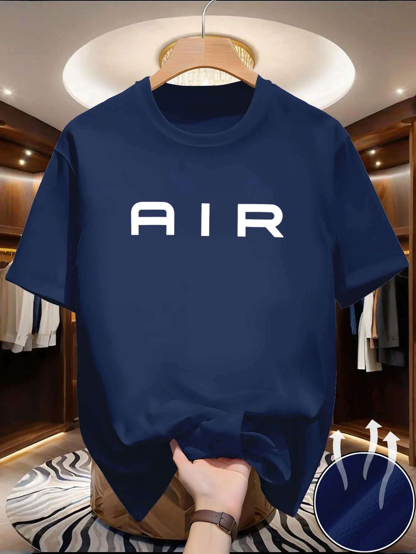 Men'S Navy T-Shirt - Soft Stretchy Fabric, Loose Fit Round Neck Short Sleeve Tee with Bold AIR Lettering, Lightweight Summer