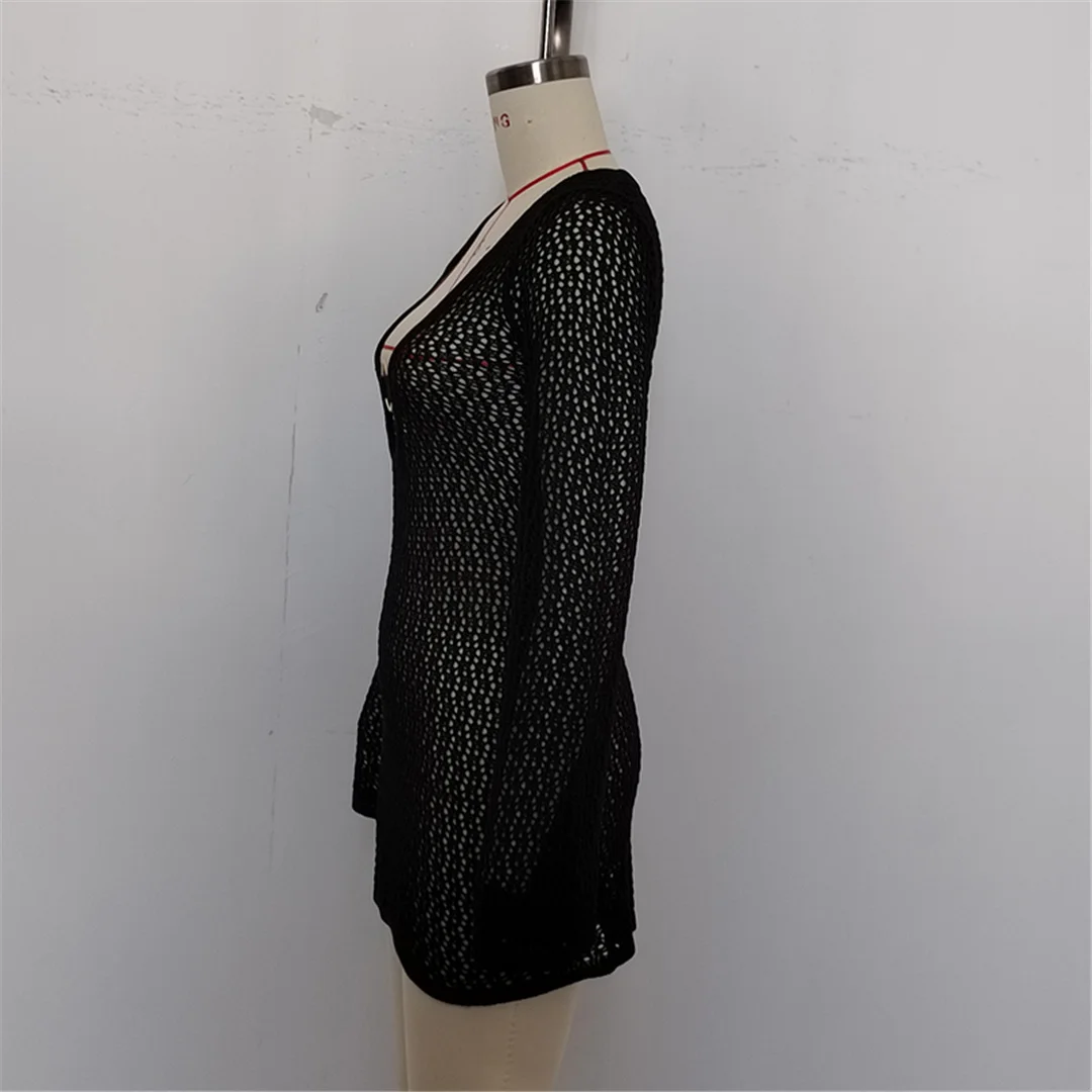 Langärmliges, ausgeschnittenes, gehäkeltes, gestricktes Tunika-Strandkleid, Strandkleidung, Strandbekleidung, Strand-Cover-up, Damen, V6552 – Detail 17