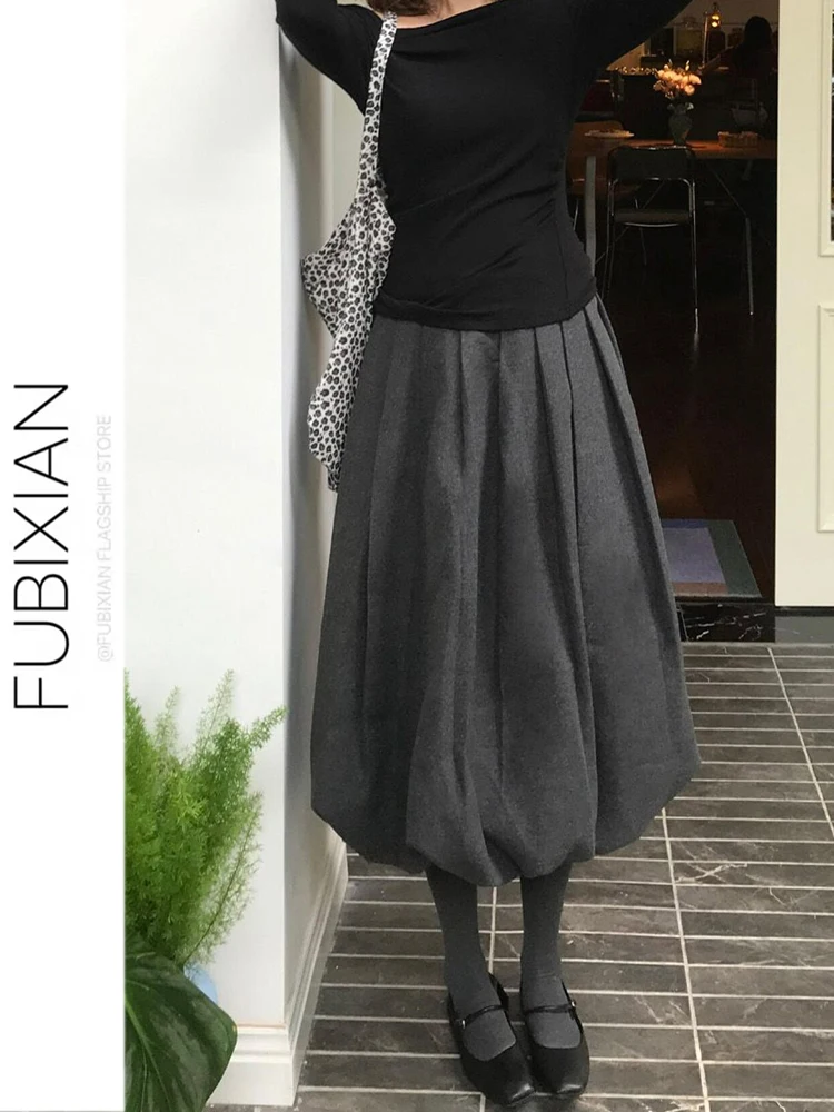 

ey High Waist A-Line Knee-Length Woolen Puffy Skirt for Young Women Commute Casual Sle Polyester Blend Skirt