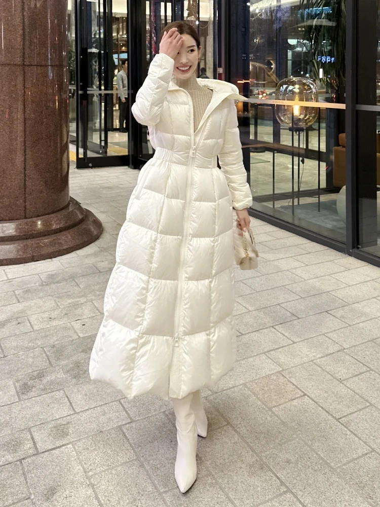 

Зимнее утепленное белое длинное пуховое пальто для женщин, приталенное, теплое, в корейском стиле, для повседневной носки, из ткани с эффектом памяти, нейлон