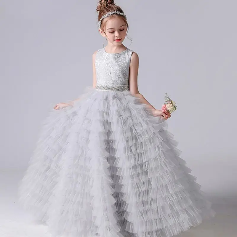 

Long Girls Formal Princess Gowns 2023 Tiered Flower Girl Dresses For Wedding Party Tulle Junior Bridesmaid Dress