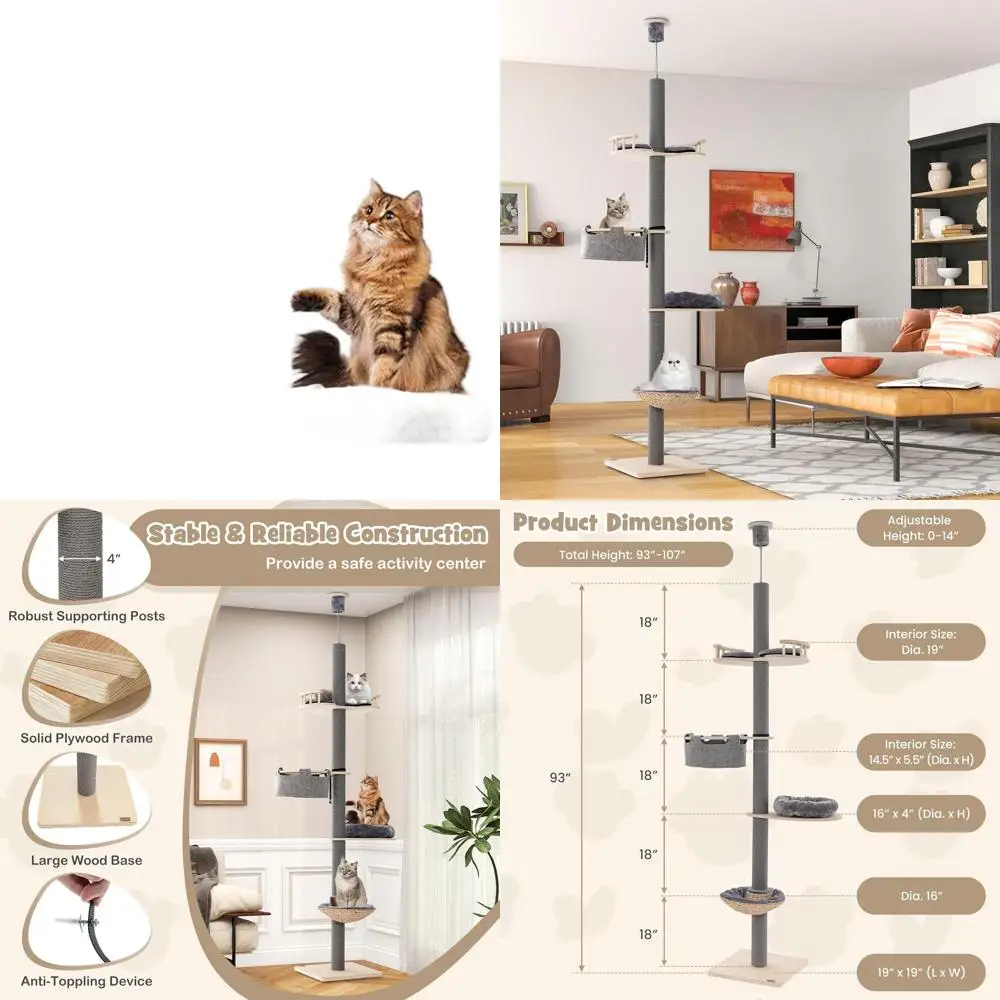 

Регулируемый по высоте (93-107 см) 5-ярусный кошачий дерево-переходник с лежанкой-гамаком и кошачьим домиком-корзиной