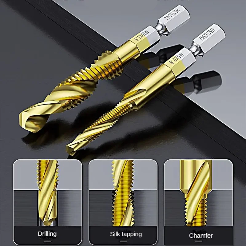 6pcs Self Tapping Titanium Plated Hexagonal Shank High-speed Steel Threaded Drill Bit, Spiral Metric Composite Tap Manual Tool