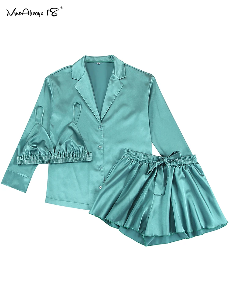 Mnealways18 Satin 3 Pieces Women Long Sleeve With Shorts Sexy Suit Lapel Top And Corset Top 3 Pieces Female Home Set Lounge Wear