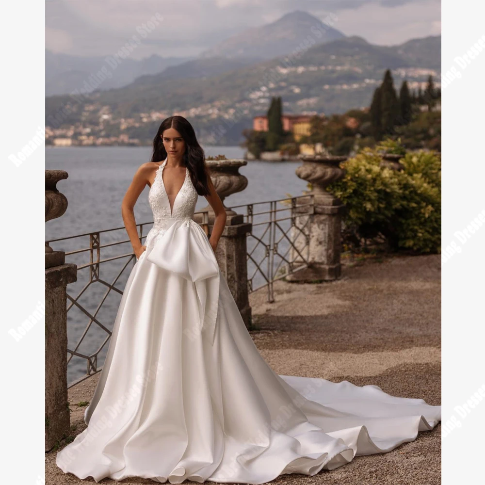 Vestidos De novia lisos con cuello en V para mujer, Vestidos De novia sexys, simples, superficie De satén brillante, esponjoso, línea A, longitud De trapeado, Vestidos De princesa