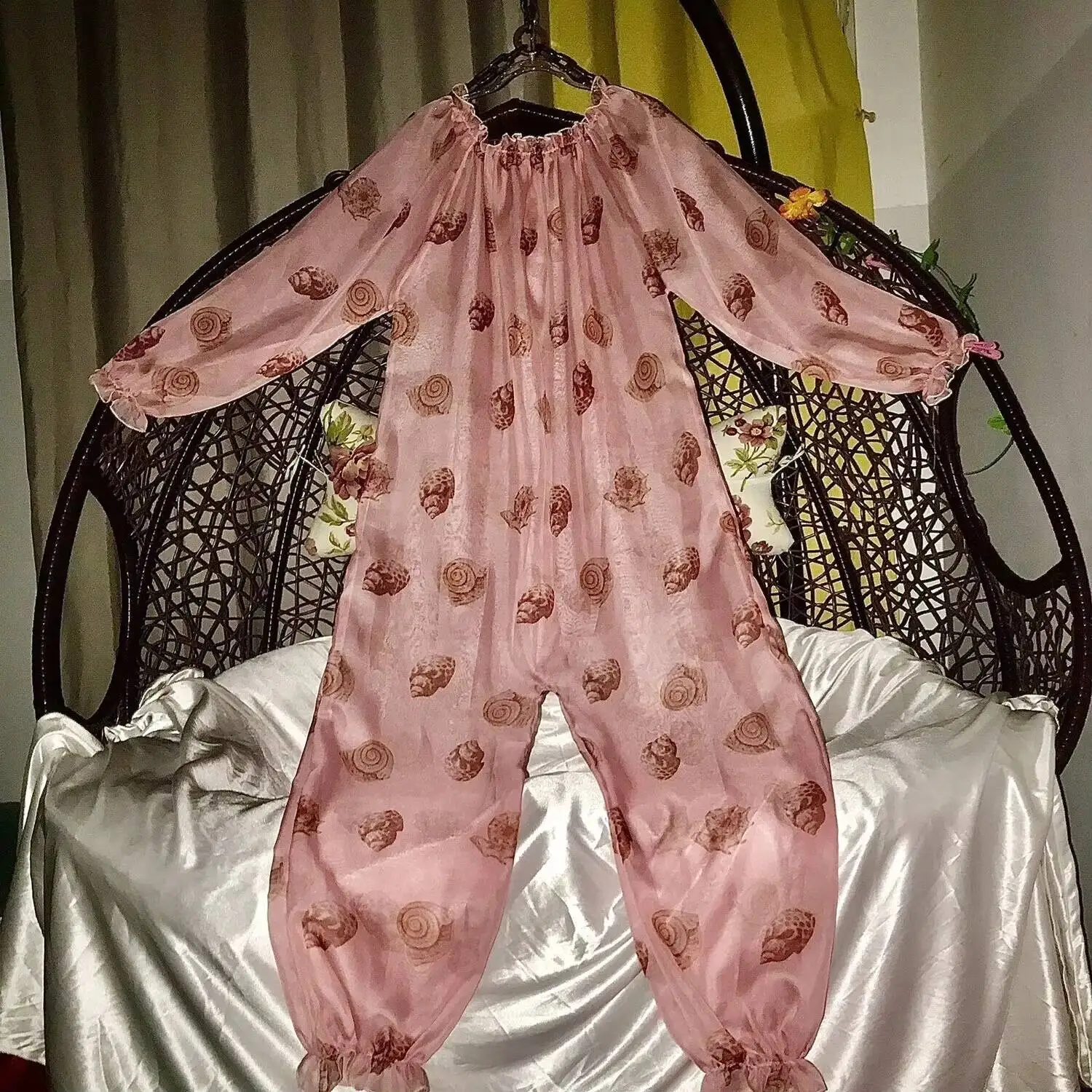 가을 봄 메쉬 점프수트 섹시 여성 긴팔 잠옷 루즈핏 커프스 팬츠 비치웨어