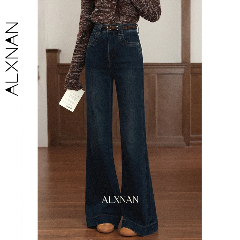 กางเกงยีนส์ทรงบานสีน้ำเงินเข้ม ALXNAN สำหรับผู้หญิง สไตล์วินเทจ เอวสูง ขากว้าง ทรงตรง ผ้าฝ้ายเดนิม ใส่สบายๆ ในฤดูใบไม้ร่วง รุ่น L57056