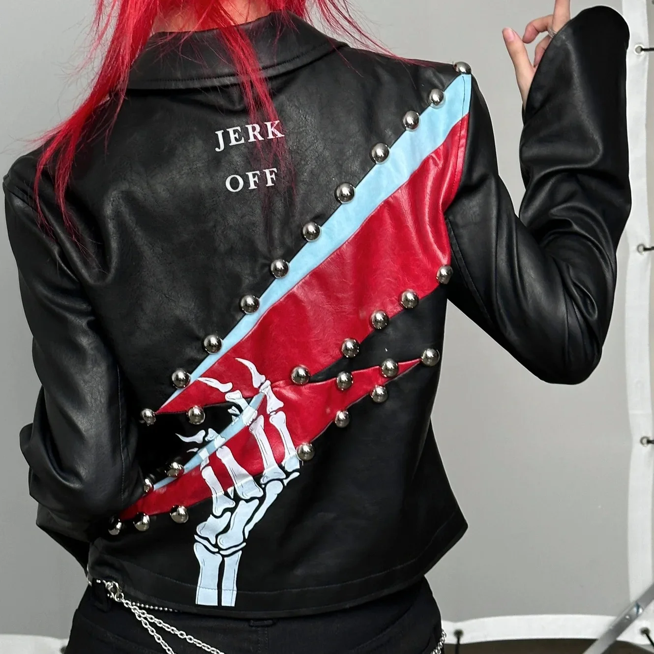 Heavy Industry Printed Piece Contrast Splicing Horn Sleeve Leather Jacket Slim Design Coat winter clothes women harajuku coats