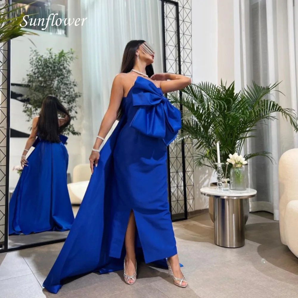 

Sunflower Blue Bow Strapless Mermaid Formal Evening Dress 2023 Slim Backless Satin Floor-Length High-end Custom Prom Gowns