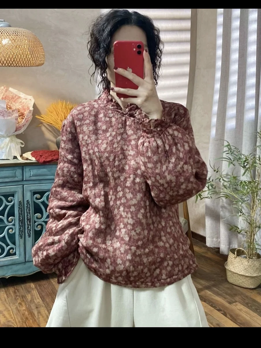 Retro-Kragen, lang, Sve, Knopfleiste, Blumendruck, lockeres Damen-It-Vintage-SLE, lässiges Baumwoll-Top für Herbst und Winter