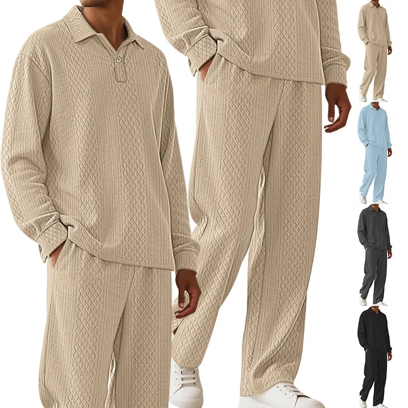 

2025 Spring Summer POLO Collar Sweatshirt Men's Sets Retro Casual Solid Color Knitted Jacquard Pullover+sports Pants Streetwear