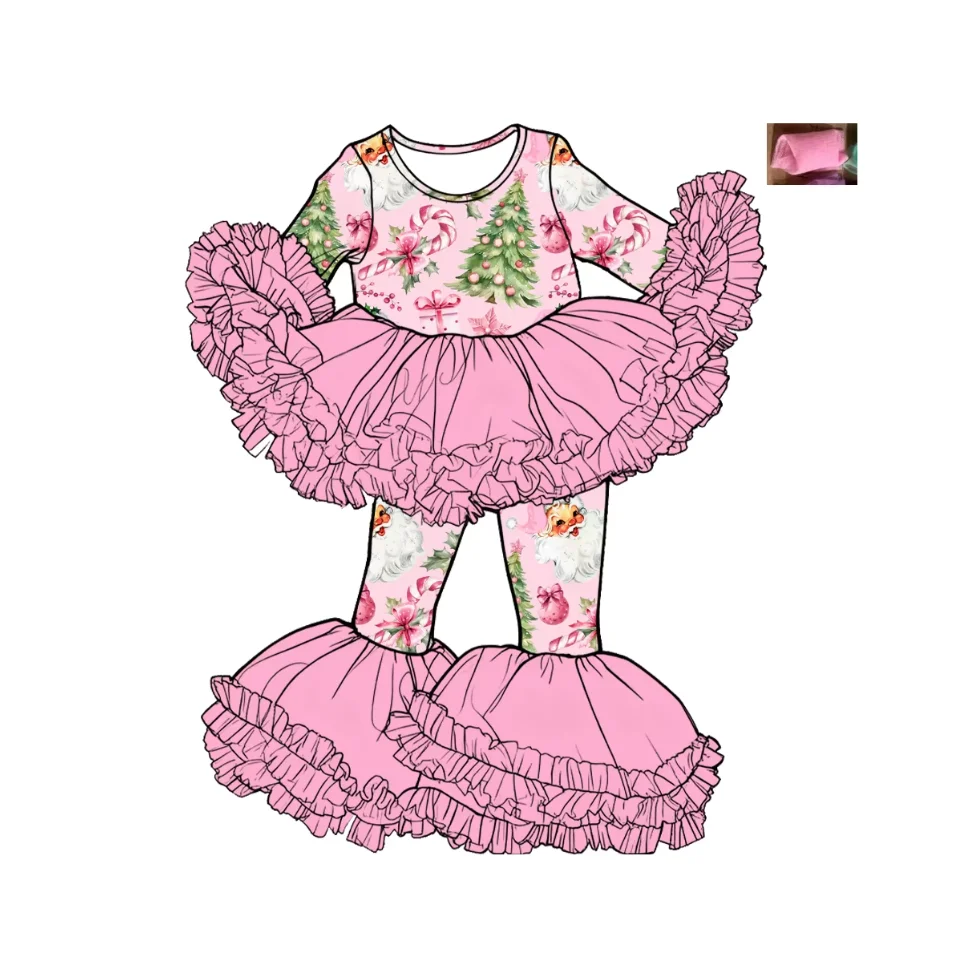 New Baby Girl Pink Tutu Outfit Ruffled Mesh Bell Pants Set Santa Claus Floral Print Long Sleeve Children Christmas Clothing