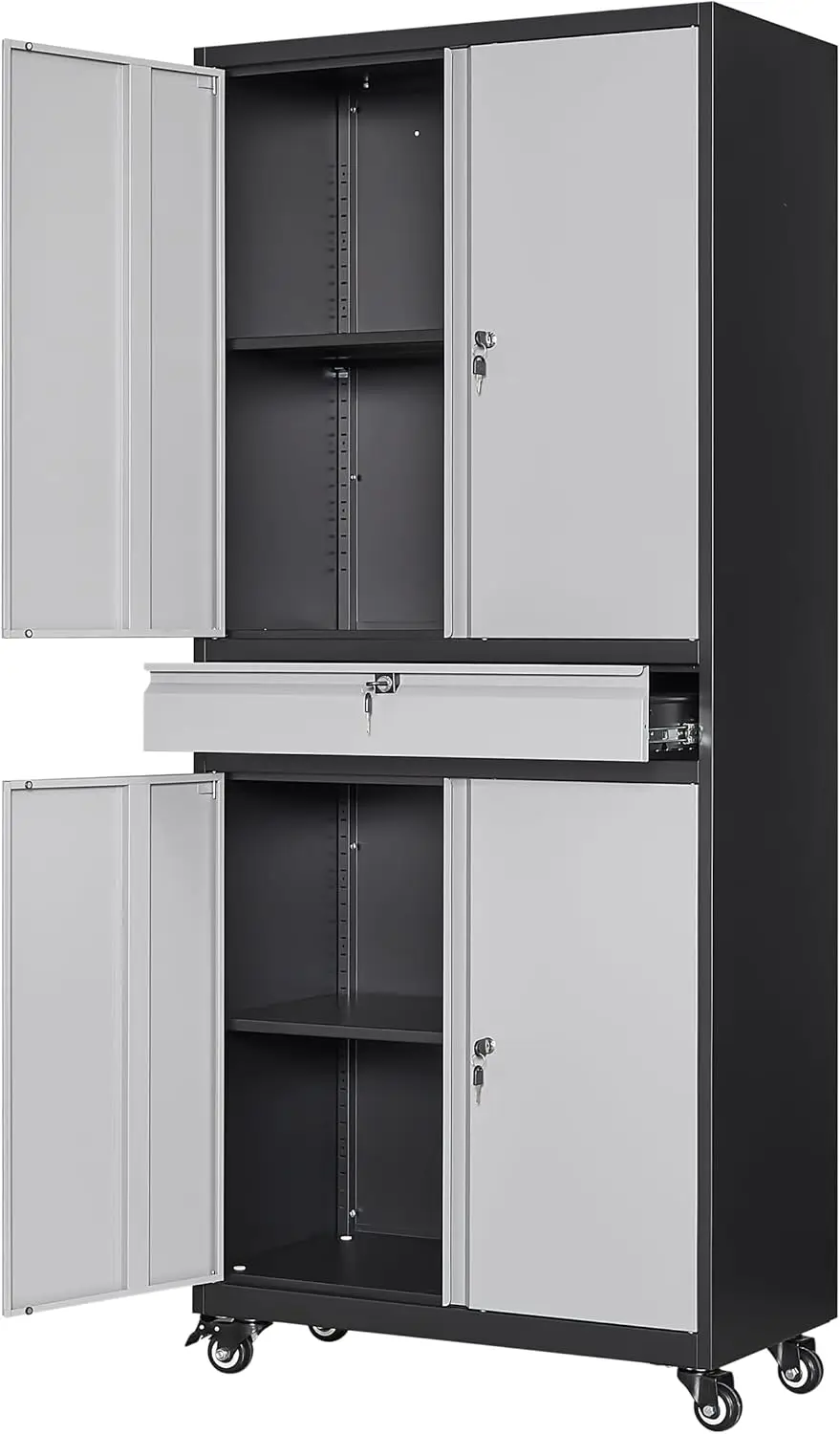 Metal Garage Storage Cabinet with Locking Doors and Adjustable Shelves, Rolling Tool Storage Cabinet with 4 Wheels and 1