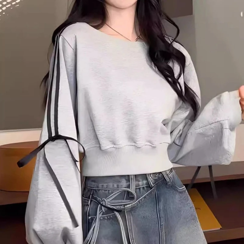 Schnürung Bogen Lose High Street Hoodies Sweatshirts Frühling Herbst Neue Langarm Gestreiften Koreanische Tops Mode Lässig Frauen Kleidung