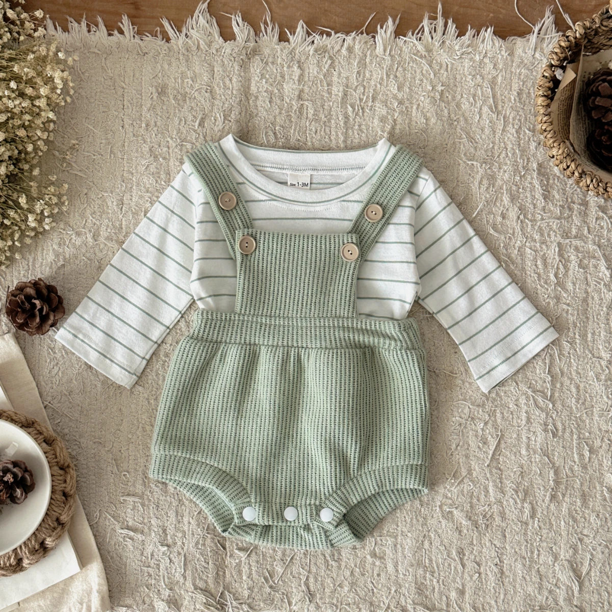 2 قطعة/المجموعة الخريف جديد الطفل الزحف دعوى مجموعة الطازجة الأخضر الأبيض تقسم المشارب طويلة الأكمام + حزام الكتف بذلة 0-18 أشهر #5