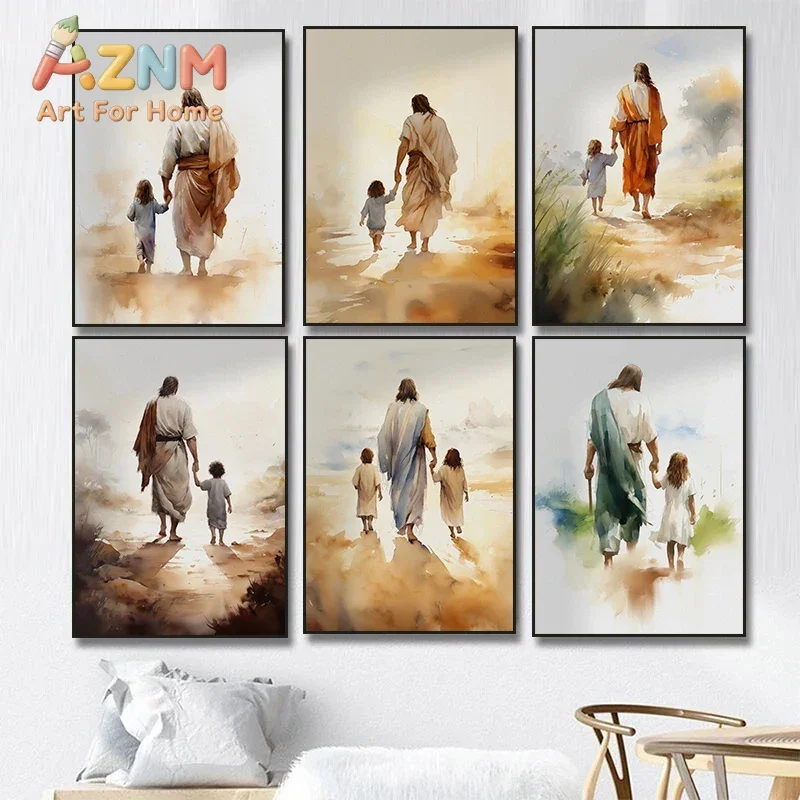Jesus Christ Walking with A Child,poster Bible Art Canvas Painting Christian  Wall Art Picture for Living Room Home  Decor