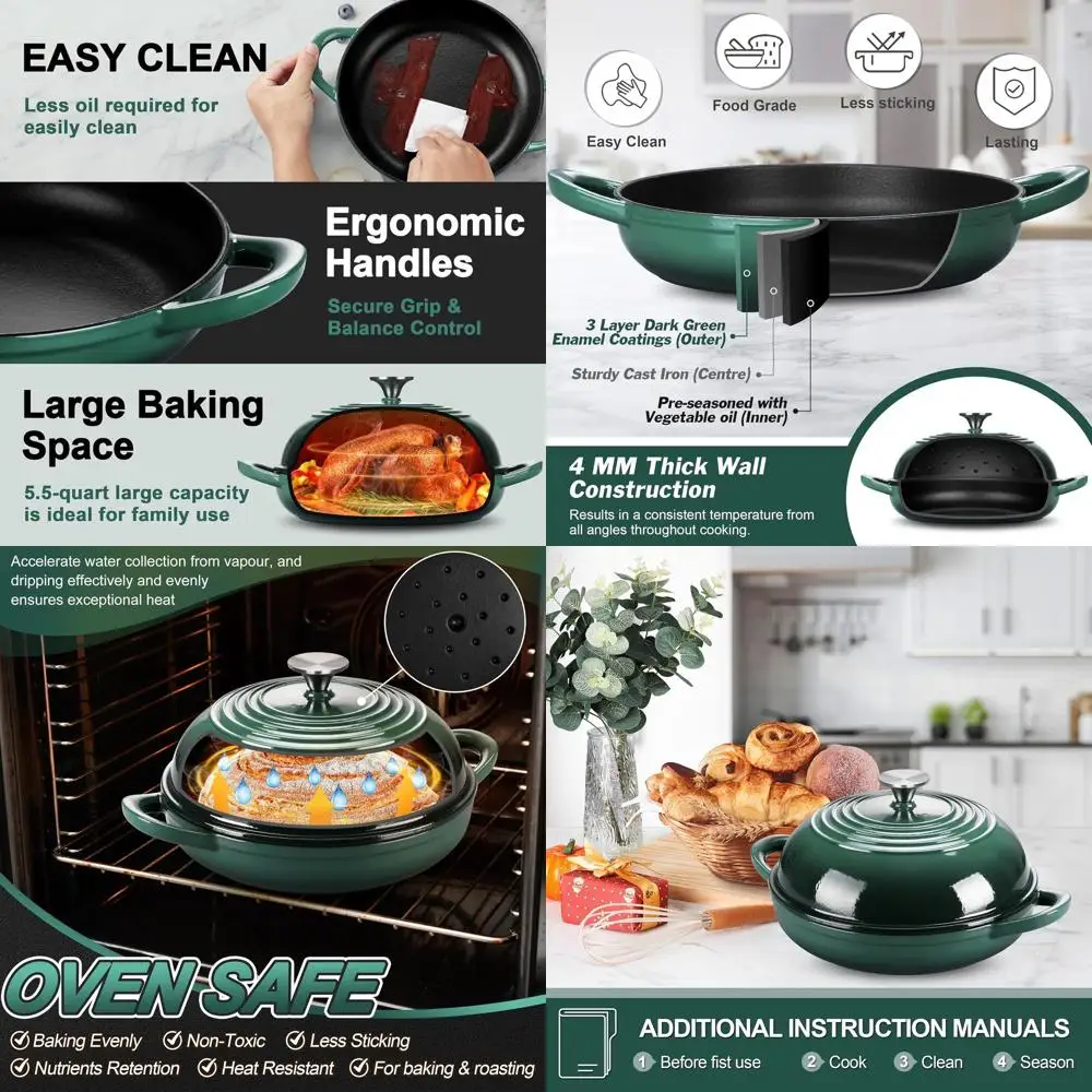 

Эмалированная чугунная жаровня (голландская печь), 5,5 л, идеально подходит для выпечки хлеба на закваске, равномерный нагрев и легкая очистка, зеленая